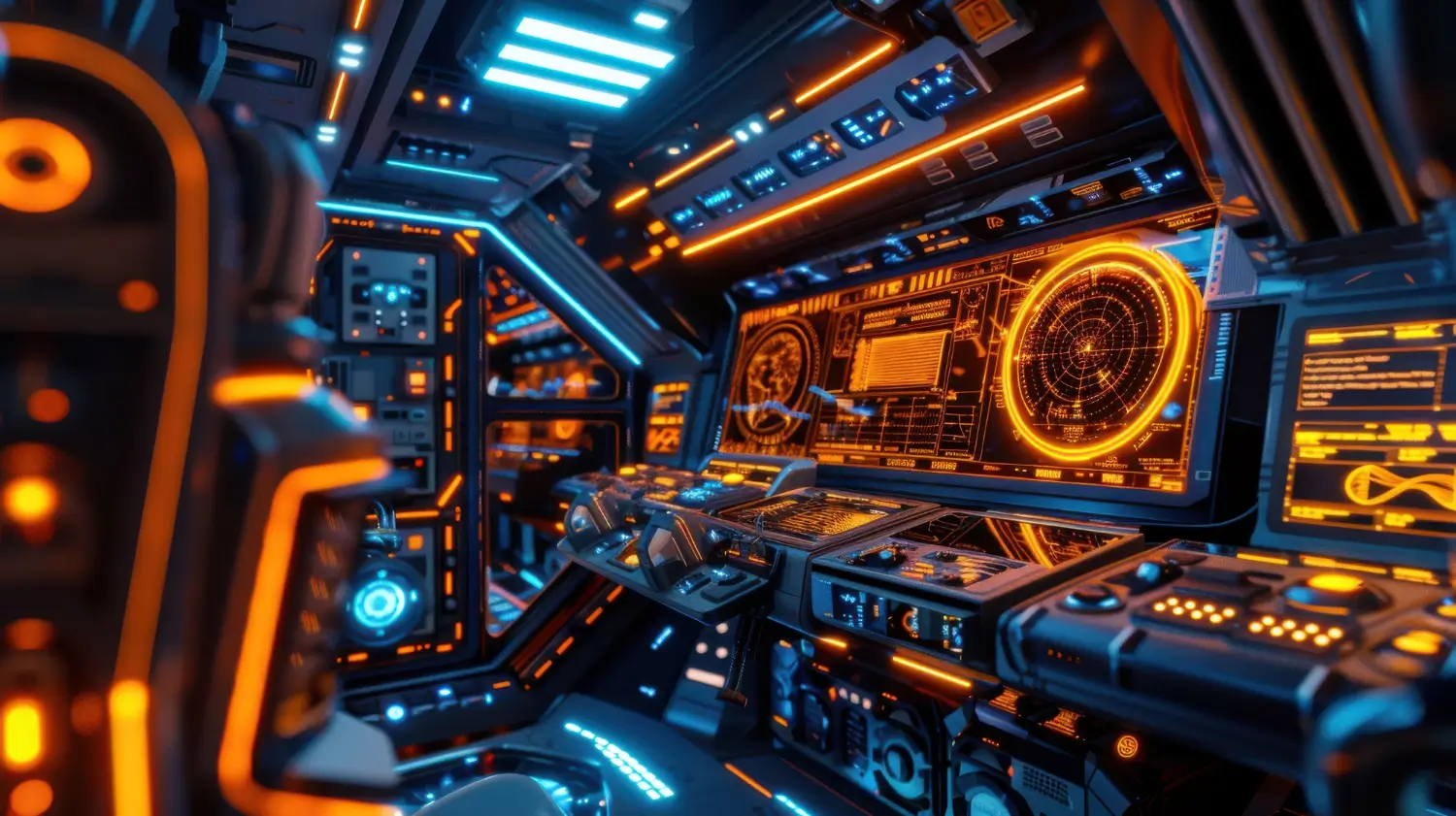 A team of professionals collaborating around a holographic interface showing data analytics